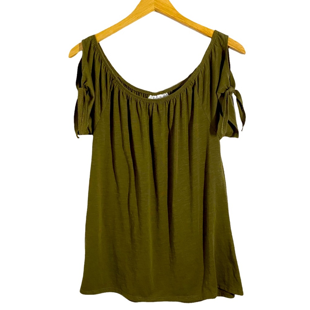 New York & Company Olive Green Tie Cold Shoulder Top, Size Small